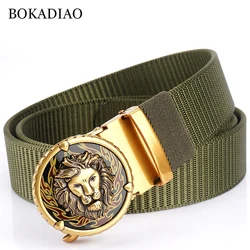 BOKADIAO Man's Nylon Belt Luxury Gold Lions Metal Automatic Buckle Canvas Belts for Men Fashion Jeans Waistband Black Male Strap