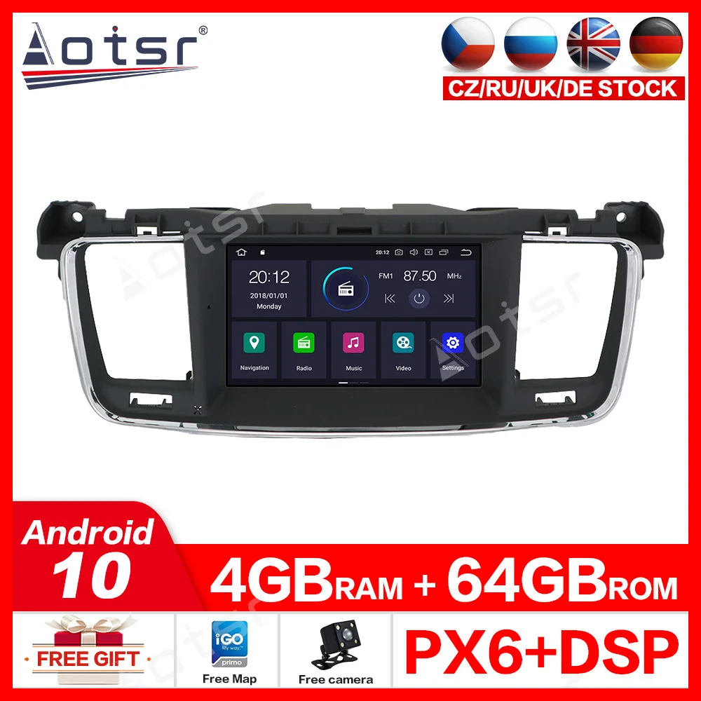 AOTSR  GPS Navigation Car Player Android 10  4G+64GB PX6 For PEUGEOT 508 2011 - 2018 Radio Multimedia Head Unit Stereo Free map