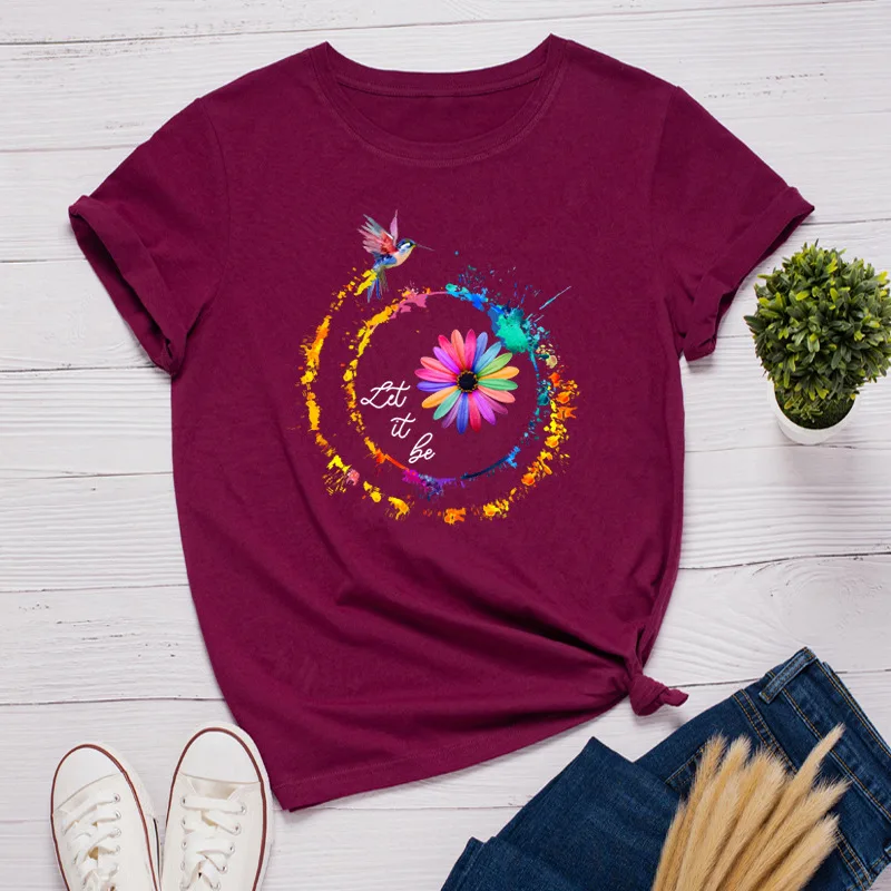 European And American Fashion Flowers Harajuku Print Women's T-shirt Loose Round Neck Cotton Short Sleeve Top Tees