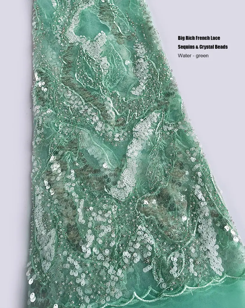 

Water Green Big Wedding Tulle Lace Crystal Beaded Rich African French Net Fabric with Sequins for Occasions 5 Yards High Quality