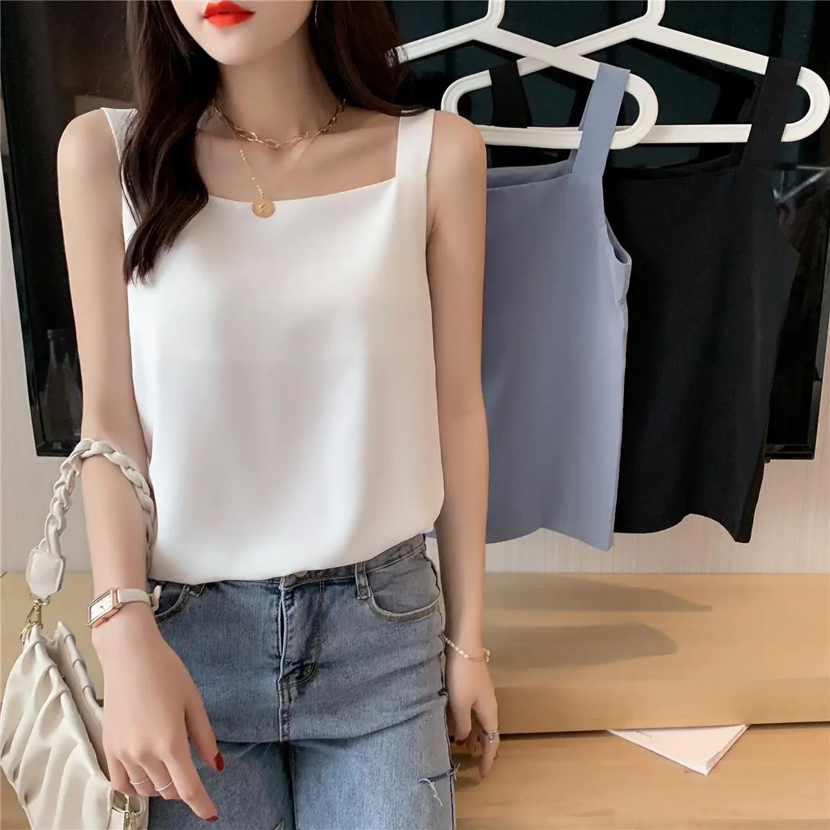 S-XL Women Square Collar Solid Chiffon Camis Tops Female Sleeveless Camisoles Summer Loose Black And White Tees Tanks