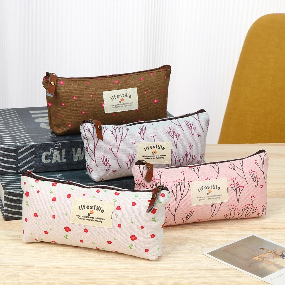 1PC Pastoral Floral Style Canvas Pen Bags Lovely Girls Pencil Cases Flower Tree Pattern Zipper Bag School Stationery Supplies