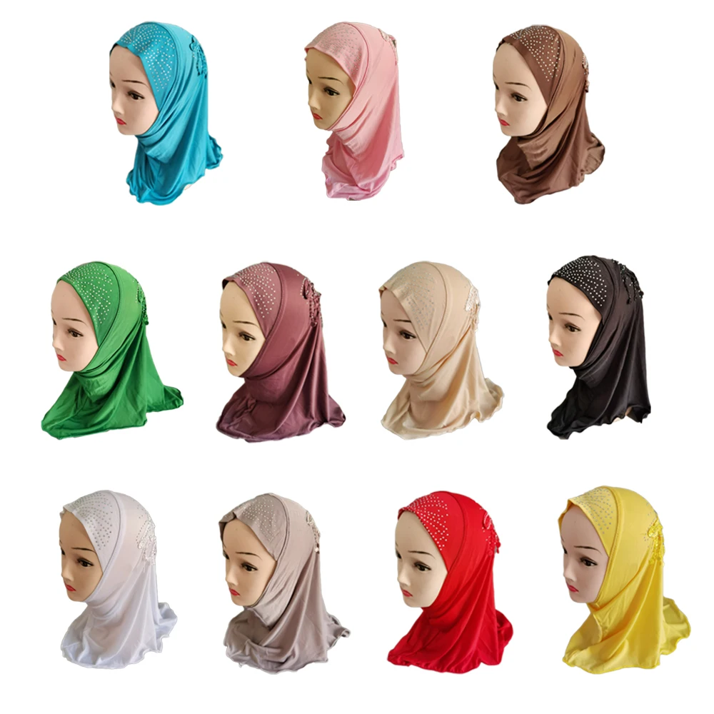 Muslim Kids Girls Hijab Islamic Headscarf Rhinestoen Tassel Scarf One Piece Amira Children Middle East Full Cover Head Wrap 2-6Y