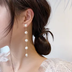 Elegant Jewelry Natural Freshwater Pearl Earrings White Baroque Pearl Beaded Drop Long Tassel Dangle Earrings for Women Female