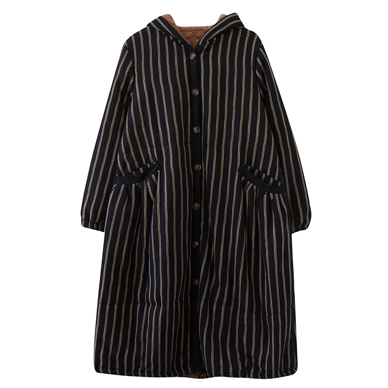 Retro Black Striped Cotton-padded Jacket Women Clothing 2024 New Fashion Long Parkas Winter Jackets Coats Overcoats  e547