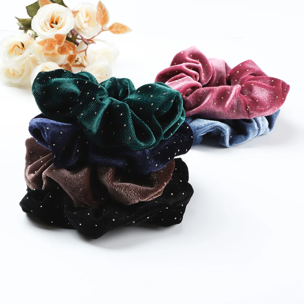 Winter Gold Dot Velvet Soft Scrunchies Elastic Hair band Women Girl Solid High Quality Ponytail Holder Hair Ties Accessories Set