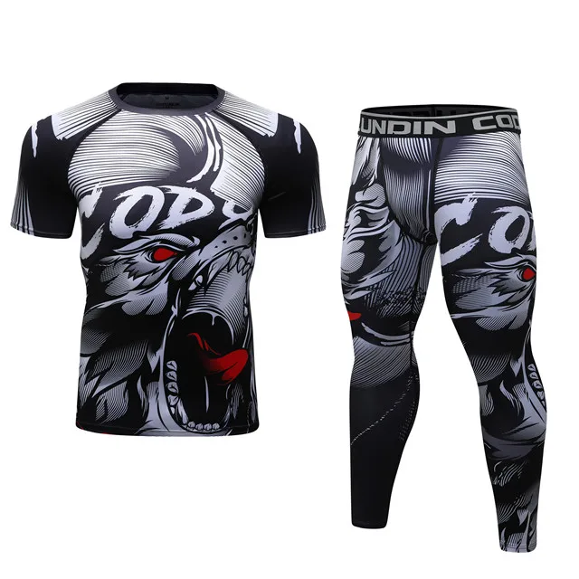 Men Compression running T-Shirt+Pants MMA Work Out Rashguard T Shirt Exercise Fitness Tights Cross fit Rash Guard bjj Jersey