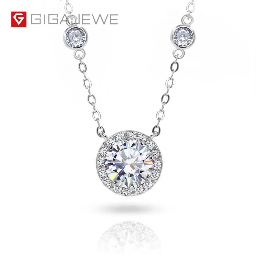 

GIGAJEWE 1ct 6.5mm D Color Round 18K White Gold Plated 925 Silver Moissanite Pendant Necklace Diamond Test Passed Woman Gift