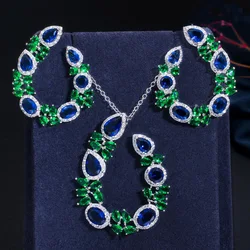 Pera Classic Green Blue Water Drop Zirconia Dangle Earring and Pendants Necklaces Sets for Ladies Anniversary Party Jewelry J305