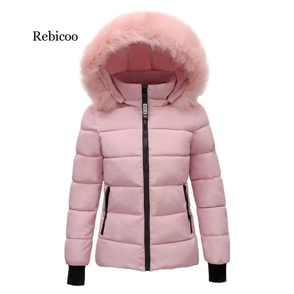 Women Faux Fur Collar Coat Down Cotton Jacket Fall Winter Thicken Warm Minimalist Hooded Outdoor Windproof Casual Coat