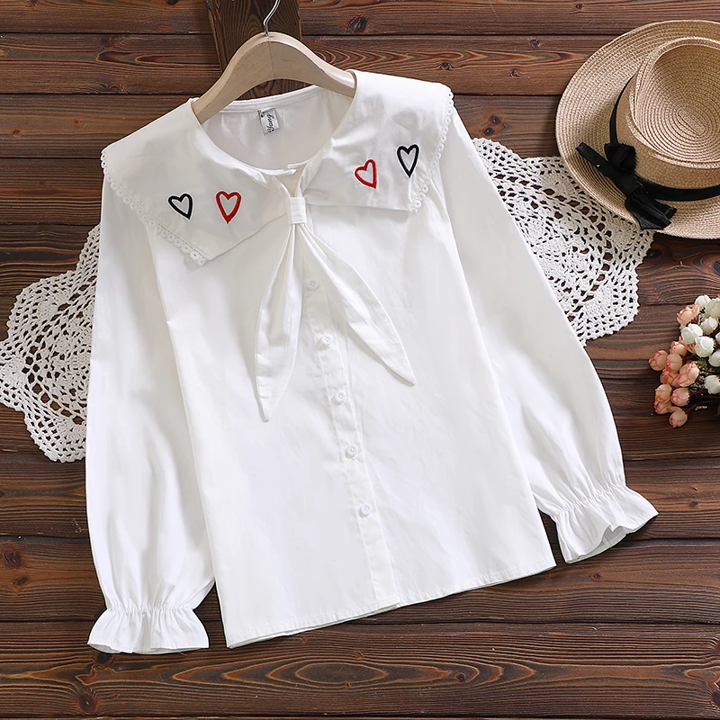 Kawaii Button Down Blouse Women Casual Cute Heart Love Embroidery White Shirt Teen Girls Vintage Collar Long Sleeve Sweet Tops