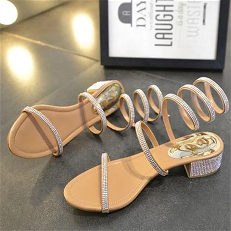 Fashion summer style Thick Heel gladiator sandals women Flat Sandals Snake Punk Rhinestone Women Sandals Wedding shoes