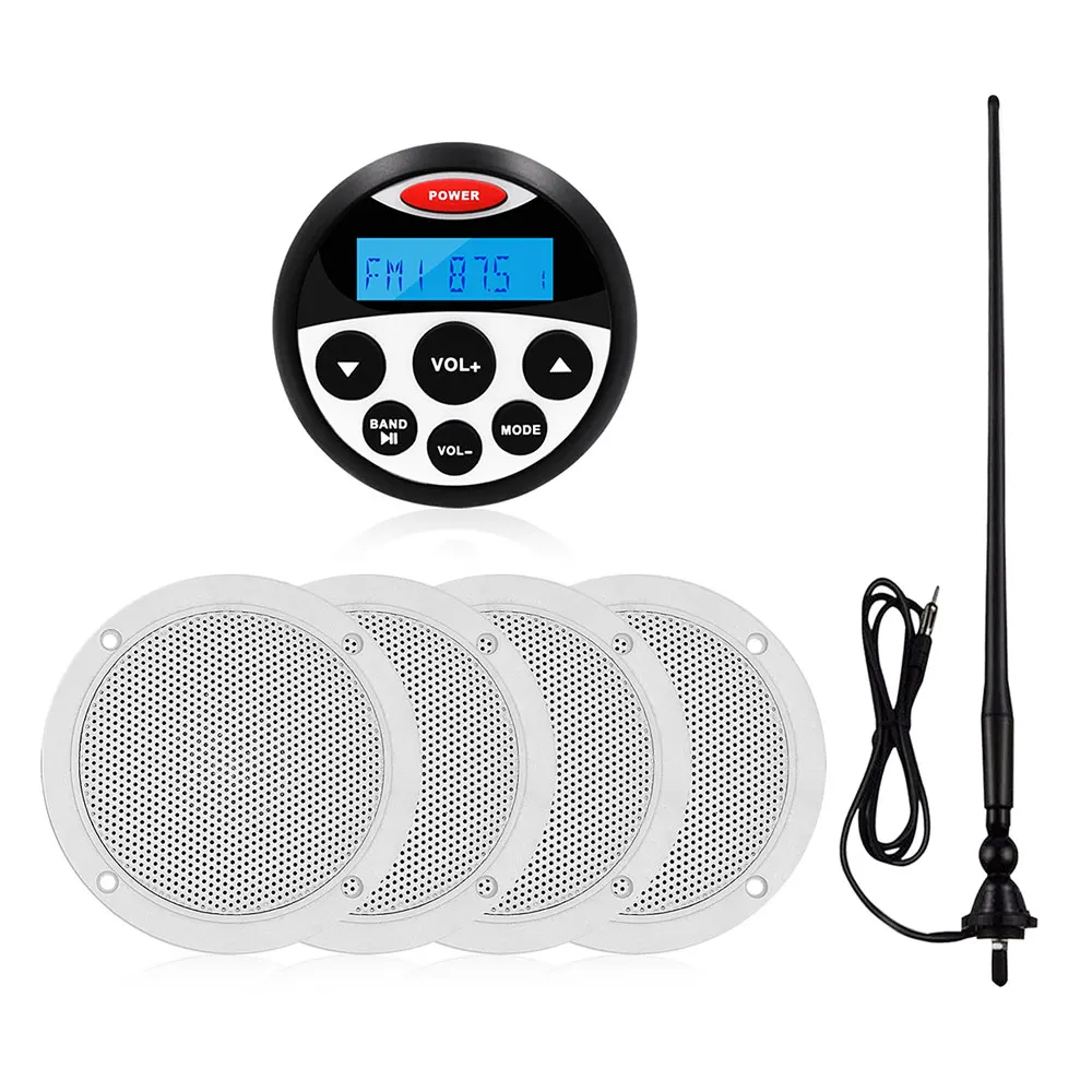 

Marine Bluetooth Stereo Audio Radio FM AM MP3 Player +4 inch Marine Waterproof Outdoor Speakers For ATV UTV Yacht+ Boat Antenna