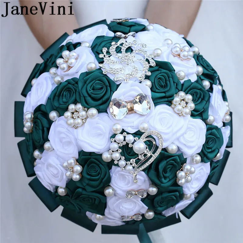 JaneVini Vintage Perla Verde Scuro Fiori di Nozze Bouquet Da Sposa 2020 Bianco Rosa del Raso Del Nastro di Cristallo Bouquet Da Sposa per Le Spose