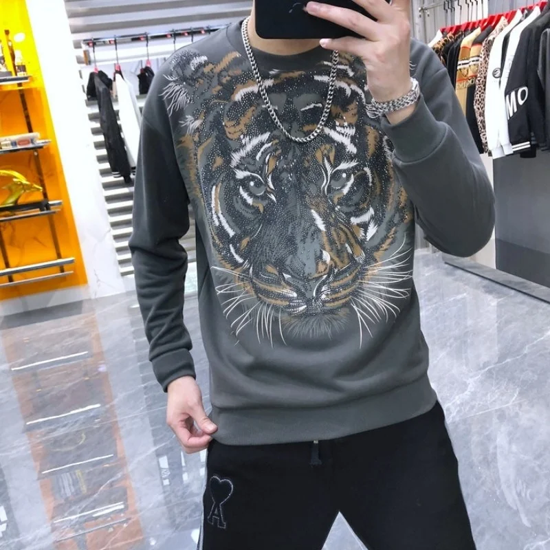 

Autumn Spring Mens Long Sleeve T Shirt Slim Fit Casual Tees Tops O Neck Pullover Top Male Fashion Diamonds Printed T Shirts New