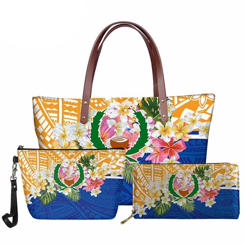 

Tote Bag Women Handbag Set Design Polynesian Samoa Tribal Totes Hawaiian Plumeria Print Purse Large Capacity Beach Shoulder Bags