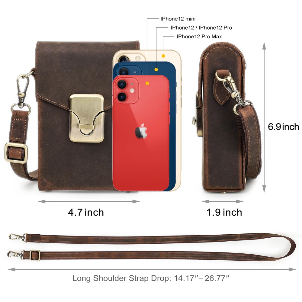 CONTACTS FAMILY Vintage Men\'s Crossbody Shoulder Bag for iPhone 16 15 14 pro Max Purse Hasp Handbags 5.4/6.1/6.9 inch Cellphone