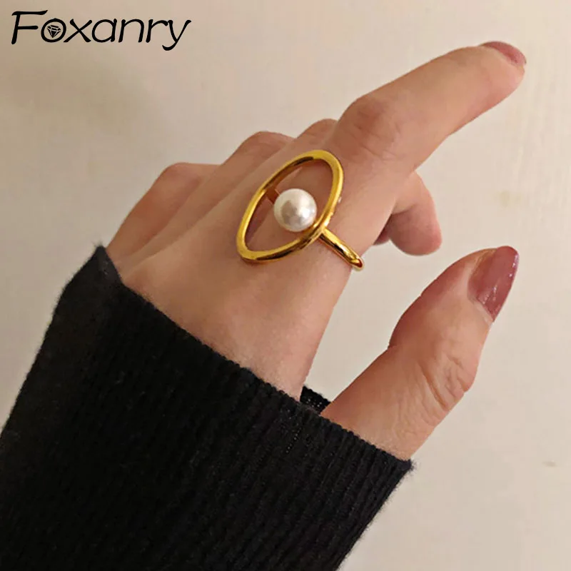 Foxanry Gold Color Pearl Rings for Women New Fashion Simple France Gold Plated Hollow Geometric Elegant Bride Jewelry