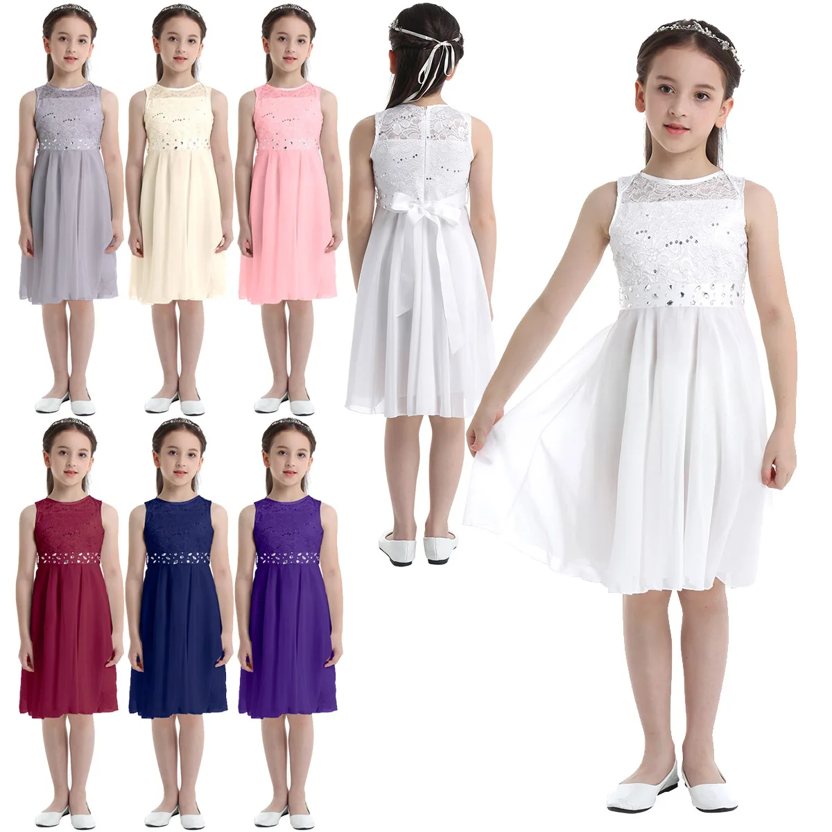 Kinder glänzende Pailletten Blumen Spitze Chiffon ärmelloses Kleid Mädchen Prinzessin Festzug Hochzeit Geburtstags feier Urlaub Kostüm