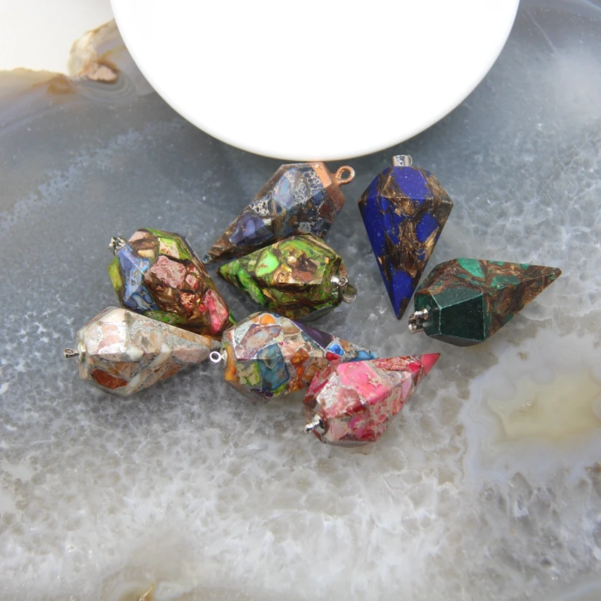 1pcs Natural Emperor Stone Taper Shape Pendant,Sea Sediment Imperial Jaspers Stick Points Pendulum Necklace DIY Jewelry Gift