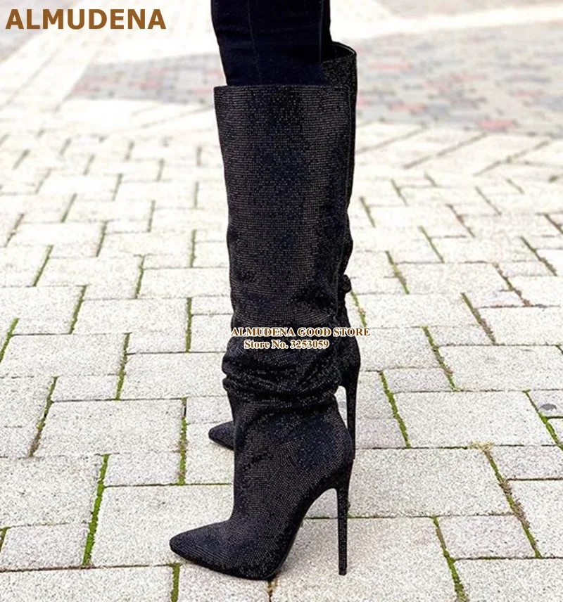 ALMUDENA Black Bling Bling Crystal Knee Boots Pointy Toe Thin High Heels Dress Boots Sparkly Party Shoes Rhinestone Long Boots