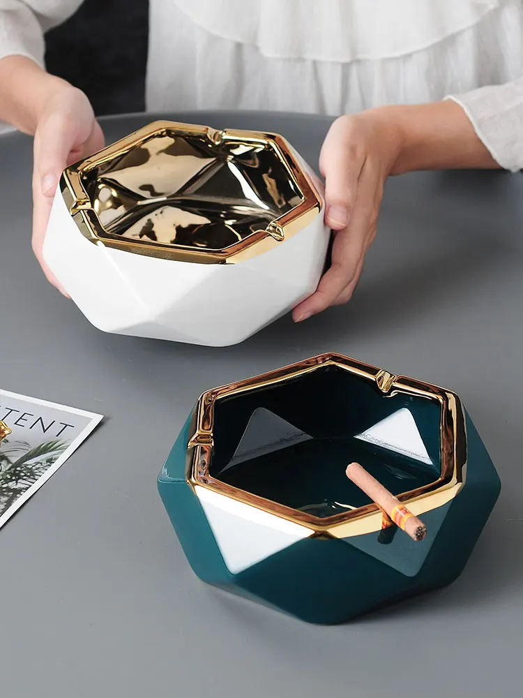 

Creative simple fashion golden edge polygon large living room family study office wind proof and fly proof ceramic ashtray