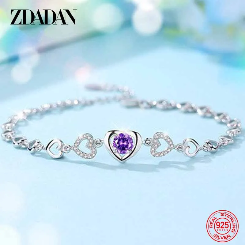 

ZDADAN 925 Sterling Silver Hollow Heart Amethyst Bracelet Chain For Women Fashion Party Jewelry Gift