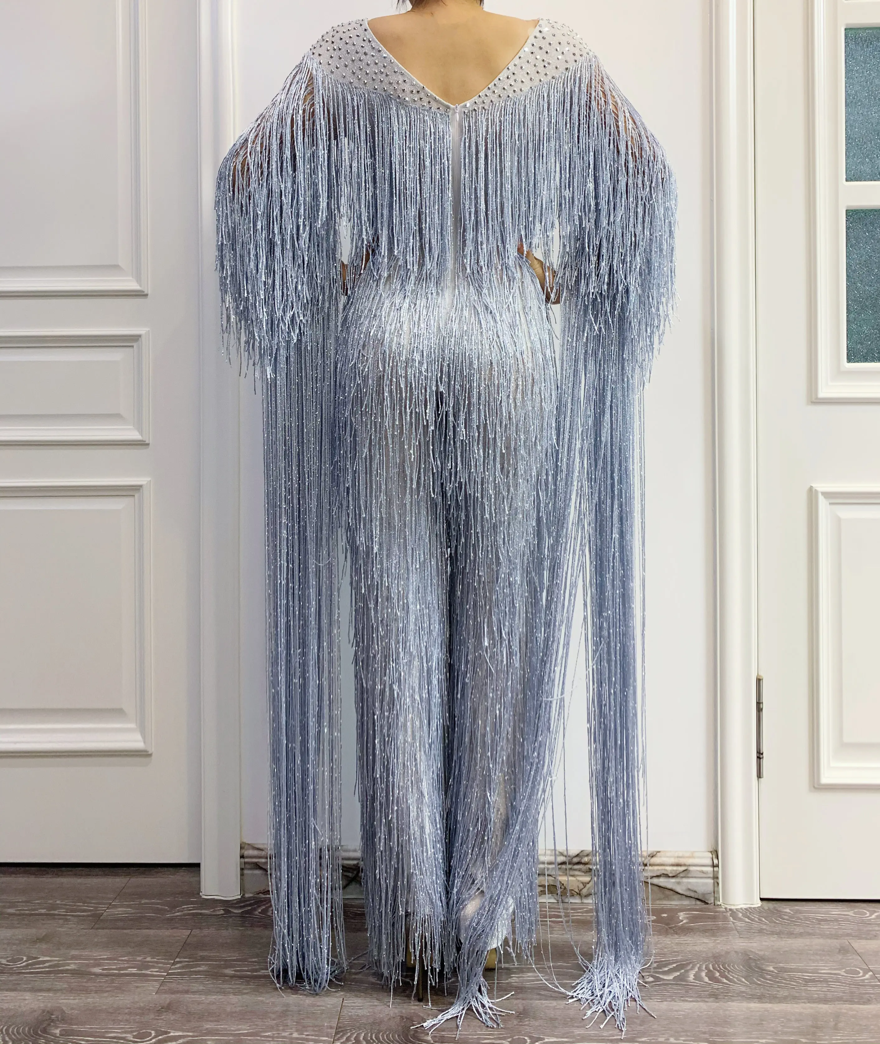 Silver Gray Fringe Rhinestones Jumpsuit Birthday Celebrate Tassel Bodysuit Stage Dance Leggings Women Singer Dancer Outfit