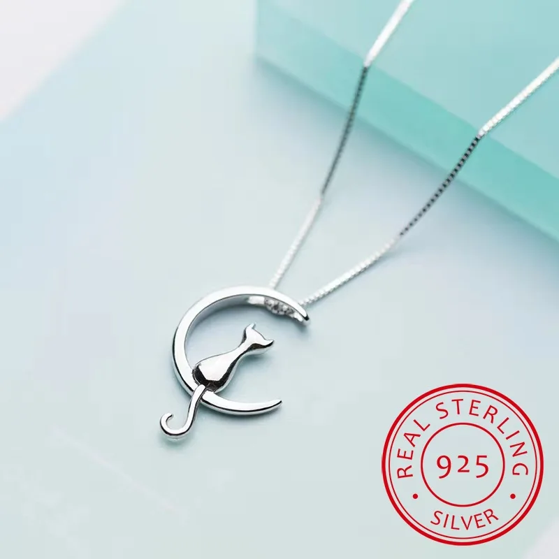 Pure 925 Sterling Silver Cat Charm Pendant Necklaces for Women New Fashion Jewely Small Chokers Necklaces Fine Jewelry