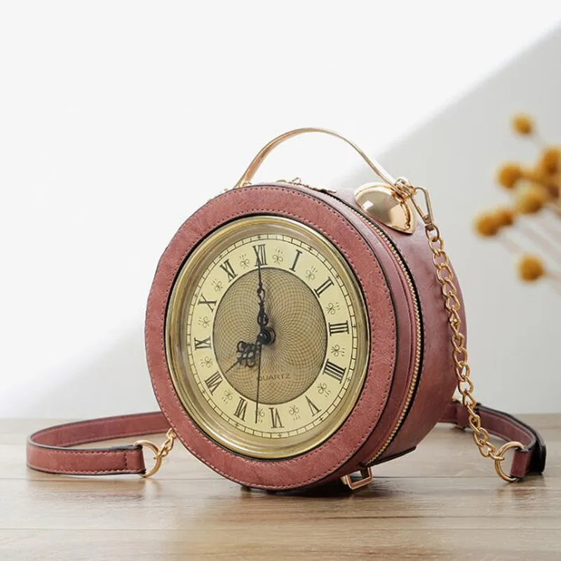 New Vintage Real Alarm Clock Women Shoulder Bag Women Casual Tote Bags High Quality Chain Women Circular Crossbody Bag