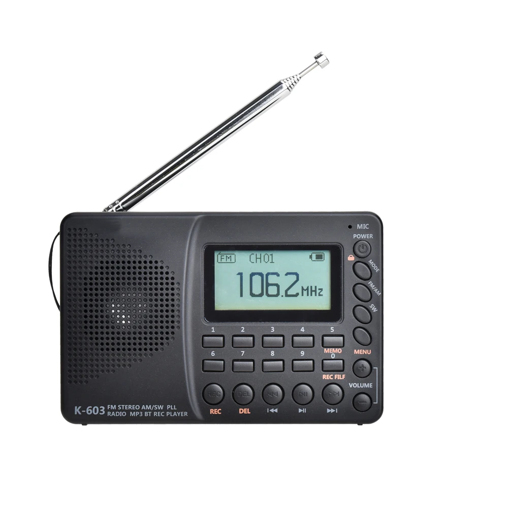 K603 FM/SW/AM متعددة الوظائف رائجة البيع راديو متعدد الفرقة راديو رقمي ستيريو مشغل MP3 شاشة الكريستال السائل المتكلم
