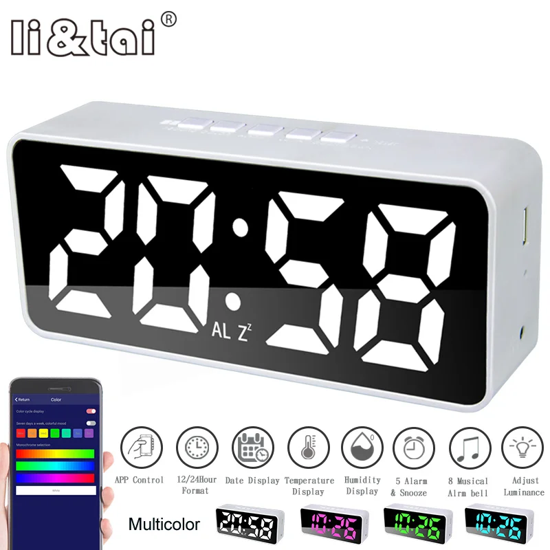 

Digital Alarm Clock APP Control Time/ Date/ Temperature LED Record & Sound Activate & Countdown Function Stepless Snooze Clock