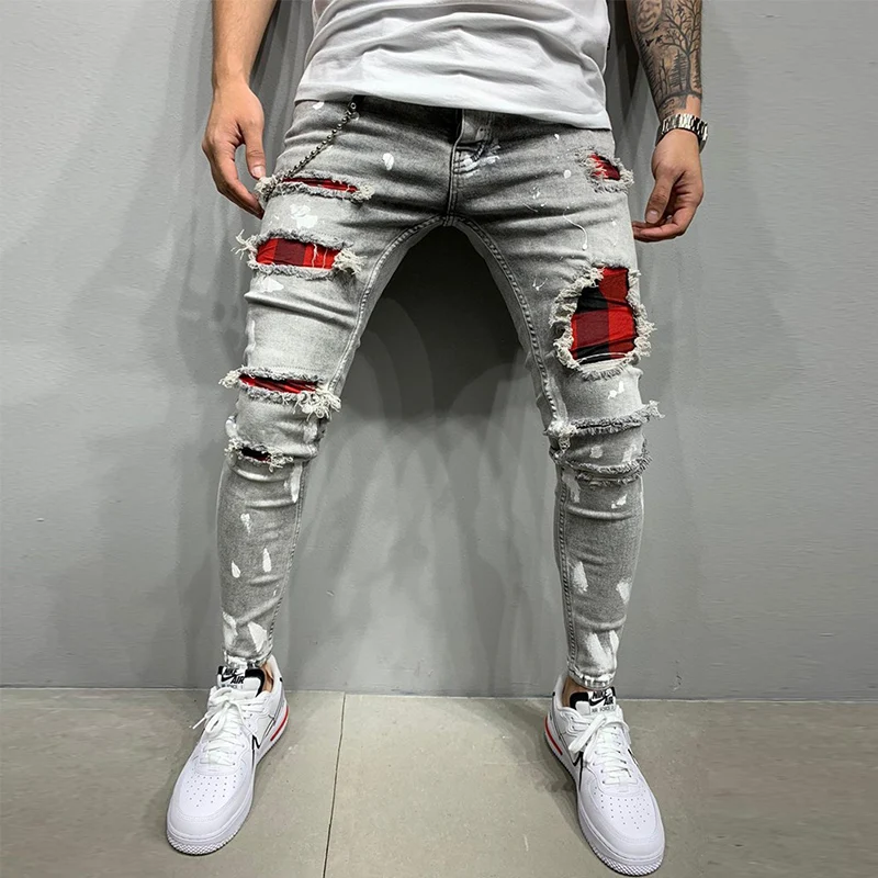 Men\'s Ripped Skinny jeans Patchwork Grid Stretch Casual Denim pencil Pants Man Fashion  paint painting Jogging Trousers male