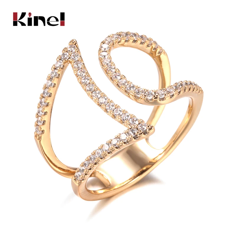 Kinel Fashion 2021 Natural Zircon Ring for Women 585 Rose Gold Geometric Hollow Line Rings Vintage Wedding Jewelry