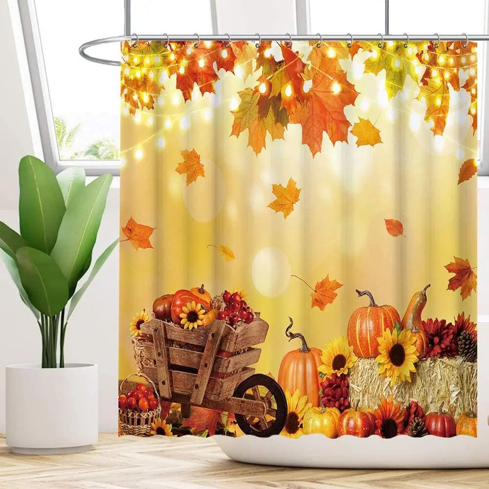 

Autumn Pumpkins Maple Shower Curtain Set with Hooks Fall Thanksgiving Leaves Harvest Fruit Sunflowers Bathroom Bathtubs Decor