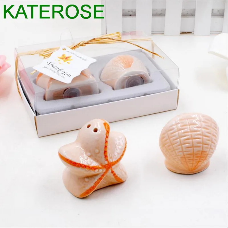 6SETS  Exquisite Ceramic Seashell&Starfish Salt and Pepper Shakers Beach Themed Wedding Favors Party Giveaways For Guest