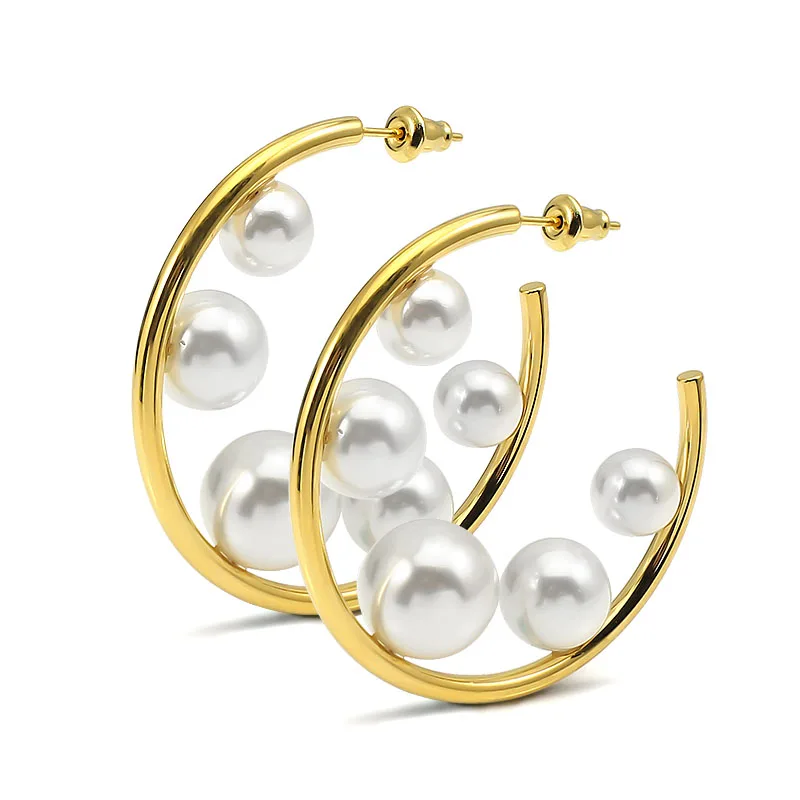 New Fashion Pearl Large Circle Statement Earrings for Women Studs Gold Color round Earring Party Jewelry Punk Collection