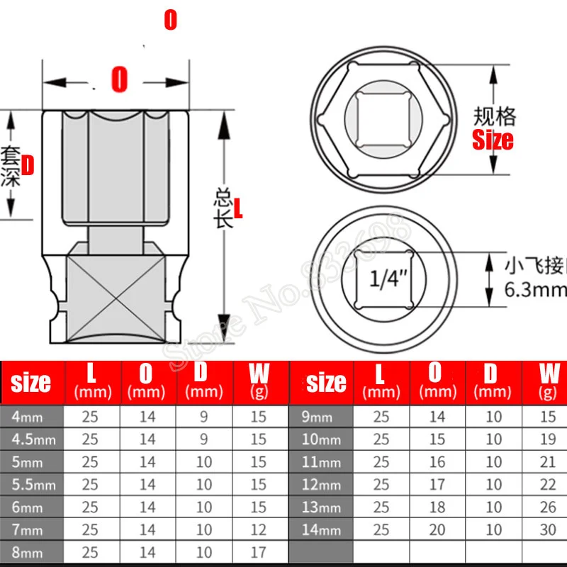 Toma de impacto corta para neumático eléctrico, accesorio de aire de 6 puntos, 4, 5, 6, 7, 8, 9, 10, 11, 12, 13 y 14mm, 13 piezas, 1/4 pulgadas