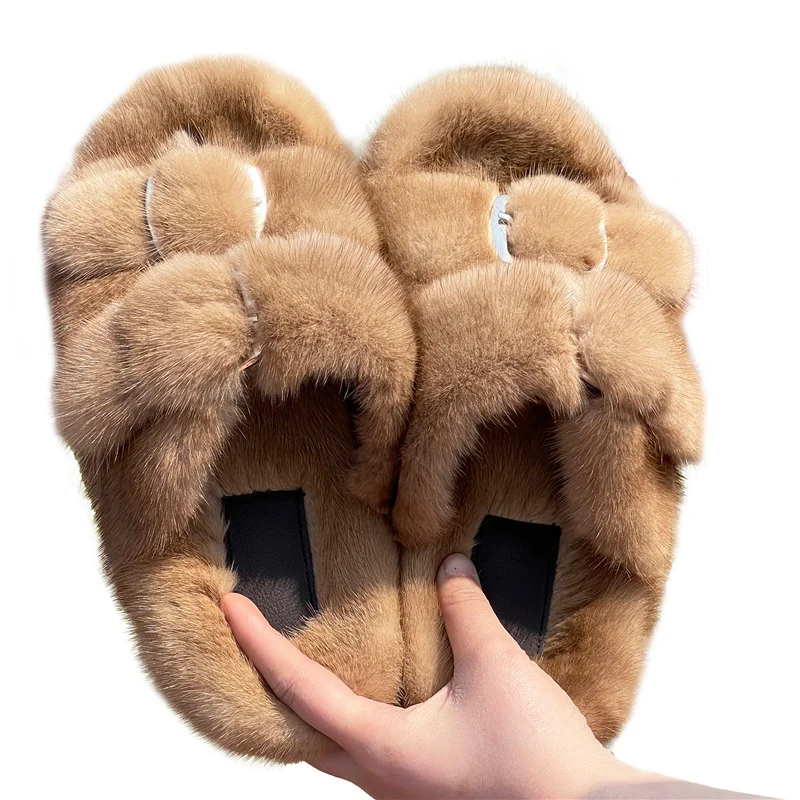 Slippers Ladies Summer Fluffy Mink Fur Slippers 100% Mink Fur Slippers Ladies Sandals 2021 Home Slippers Girls Outdoor Slippers