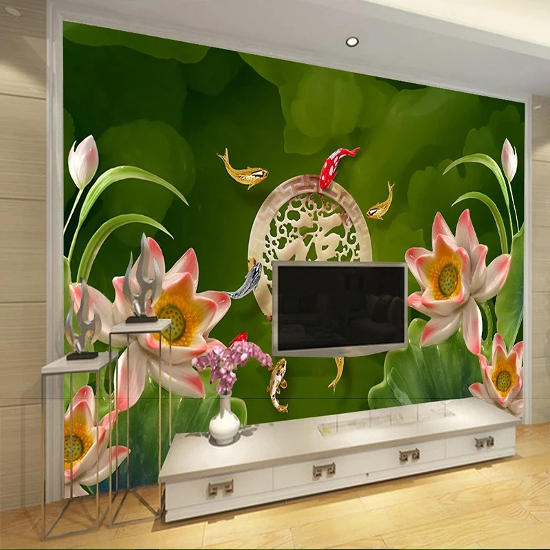 Custom Any Size 3D Wallpaper Self-Adhesive Fashion Lotus Flower Fish Background Wall Papel De Parede Tapety