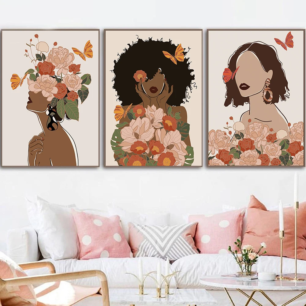 

Flower Woman Head Canvas Poster Nordic Black Skin Boho Wall Art Prints Painting Modern Decorative Picture Living Room Decoration