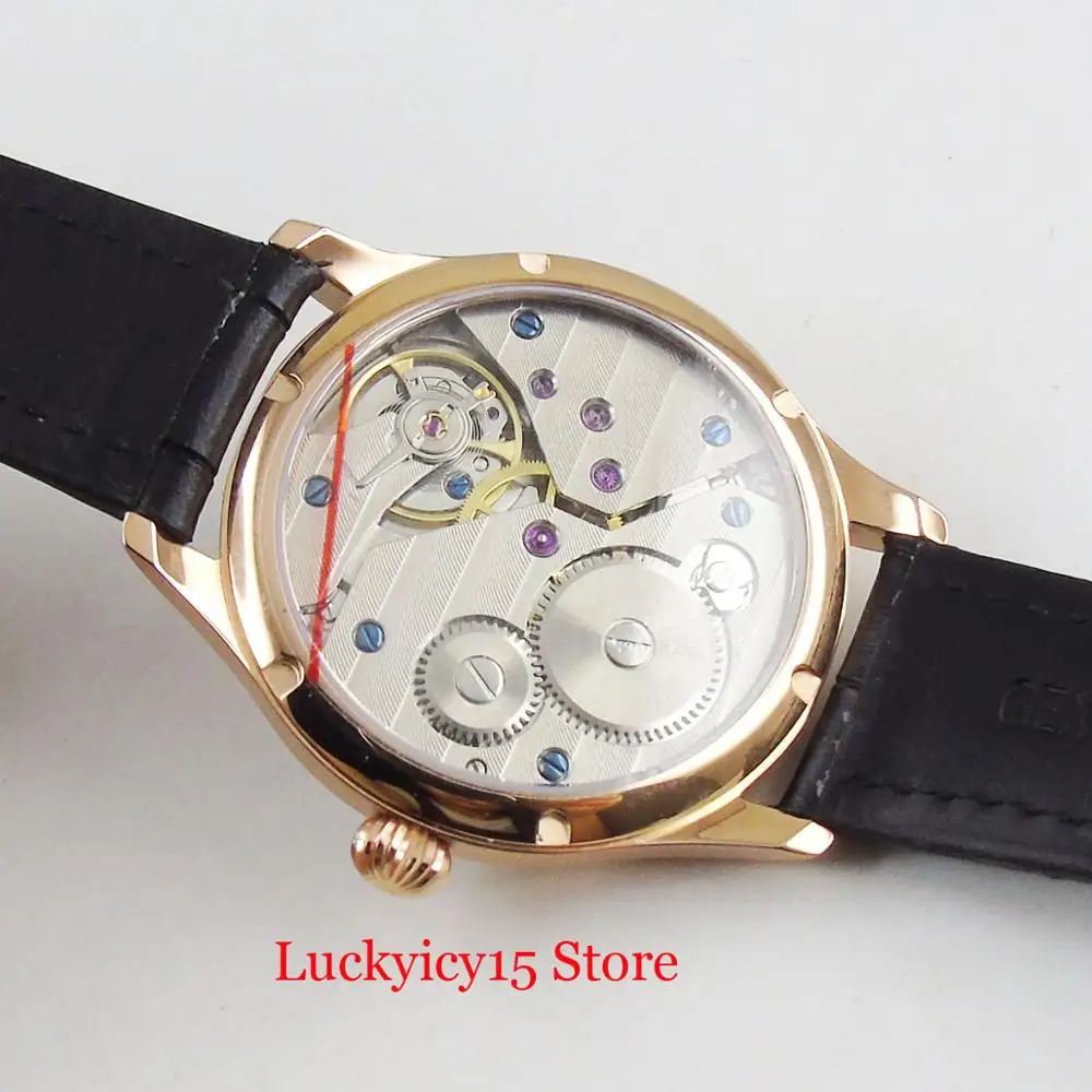 Rose Gold Hand Winding Round Wristwatch White Dial Gold Hand 6497 Movement 44mm Men Watches