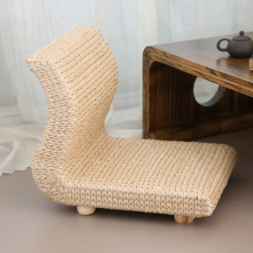 Handmade Rattan Floor Legless Zaisu Chair Straw Tatami Seats Backrest Chair for Balcony Bay Window Office Living Room Bedroom