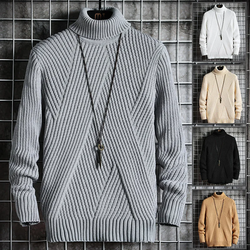 New Winter Mens Casual Turtleneck Pullover Men's Long Sleeve Striped Sweater Korean Style Fashion Warm Knitted Sweater