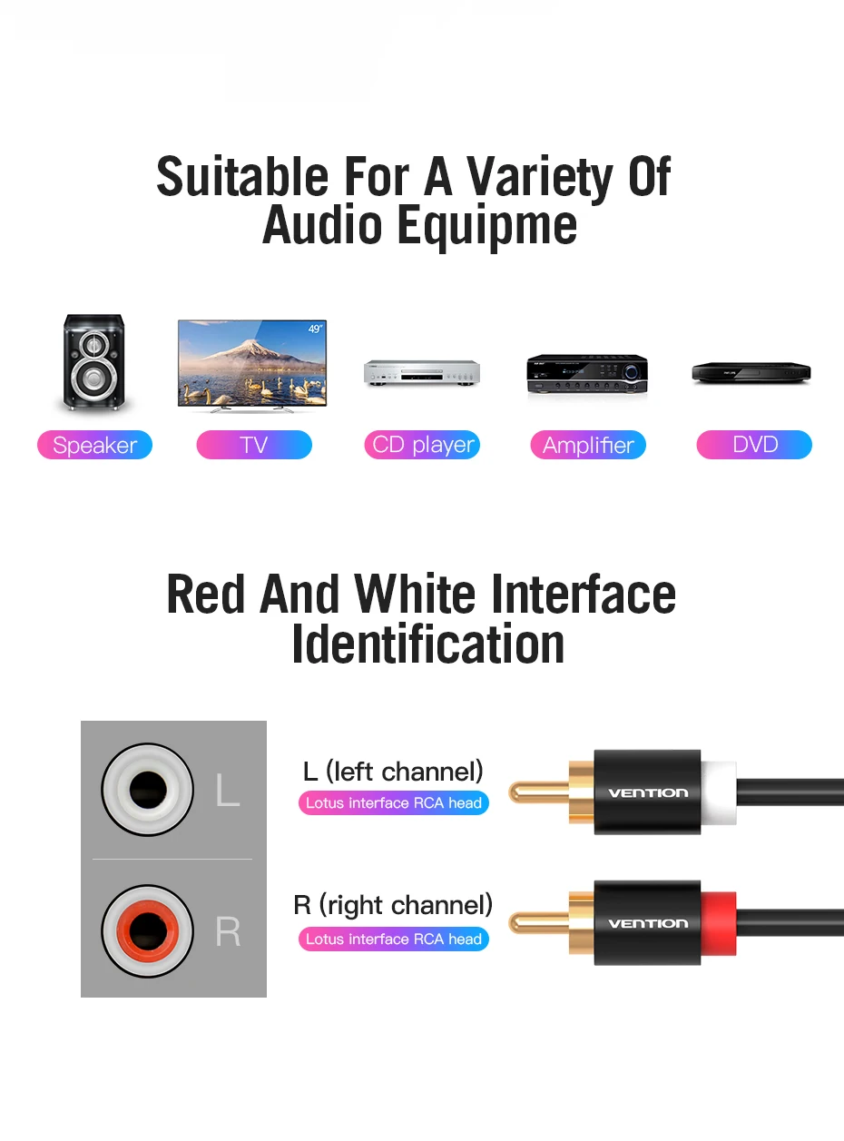 Vention 2 RCA auf 2 RCA-Kabel Stecker auf Stecker Audiokabel für Heimkino DVD-Verstärker TV 1 m 2 m 3 m 5 m Kabel RCA vergoldet Cabo – Detail 6