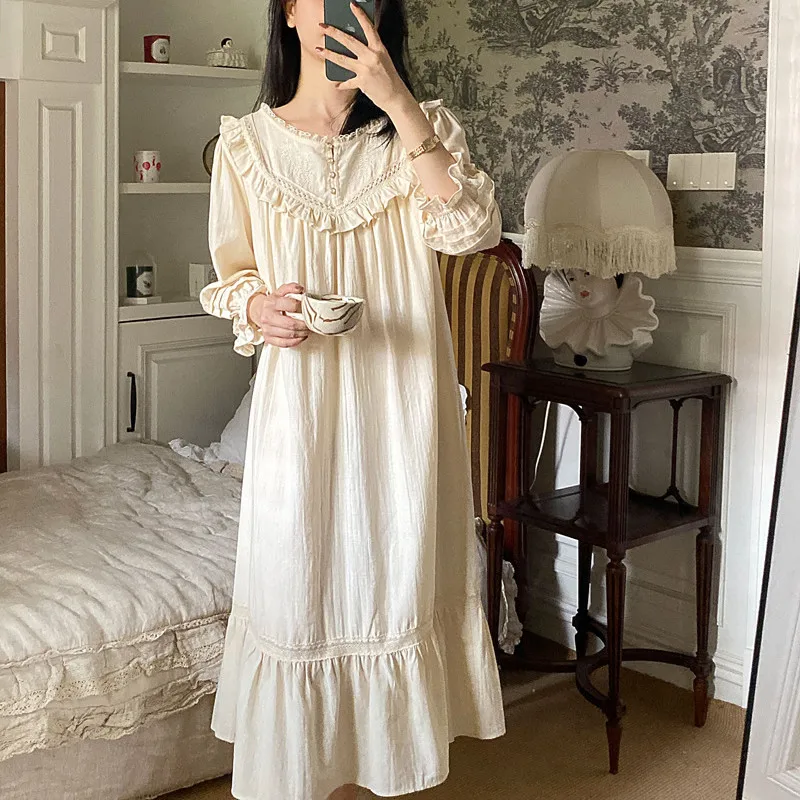 New Vintage Embroidery Cotton Long Nightgowns For Women  Long Sleeve Beige Elegant Nightshirts Comfortable Plus Size Night Dress