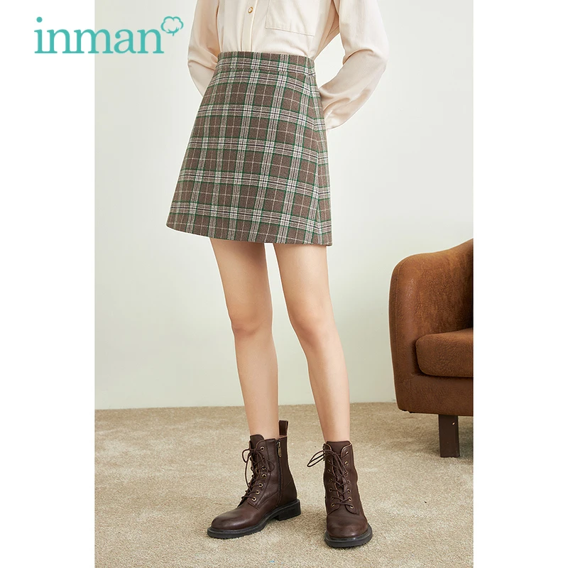 

INMAN Women's Plaid Skirt Autumn Winter Vintage High Waist Preppy Style A-line Slim Bottoms