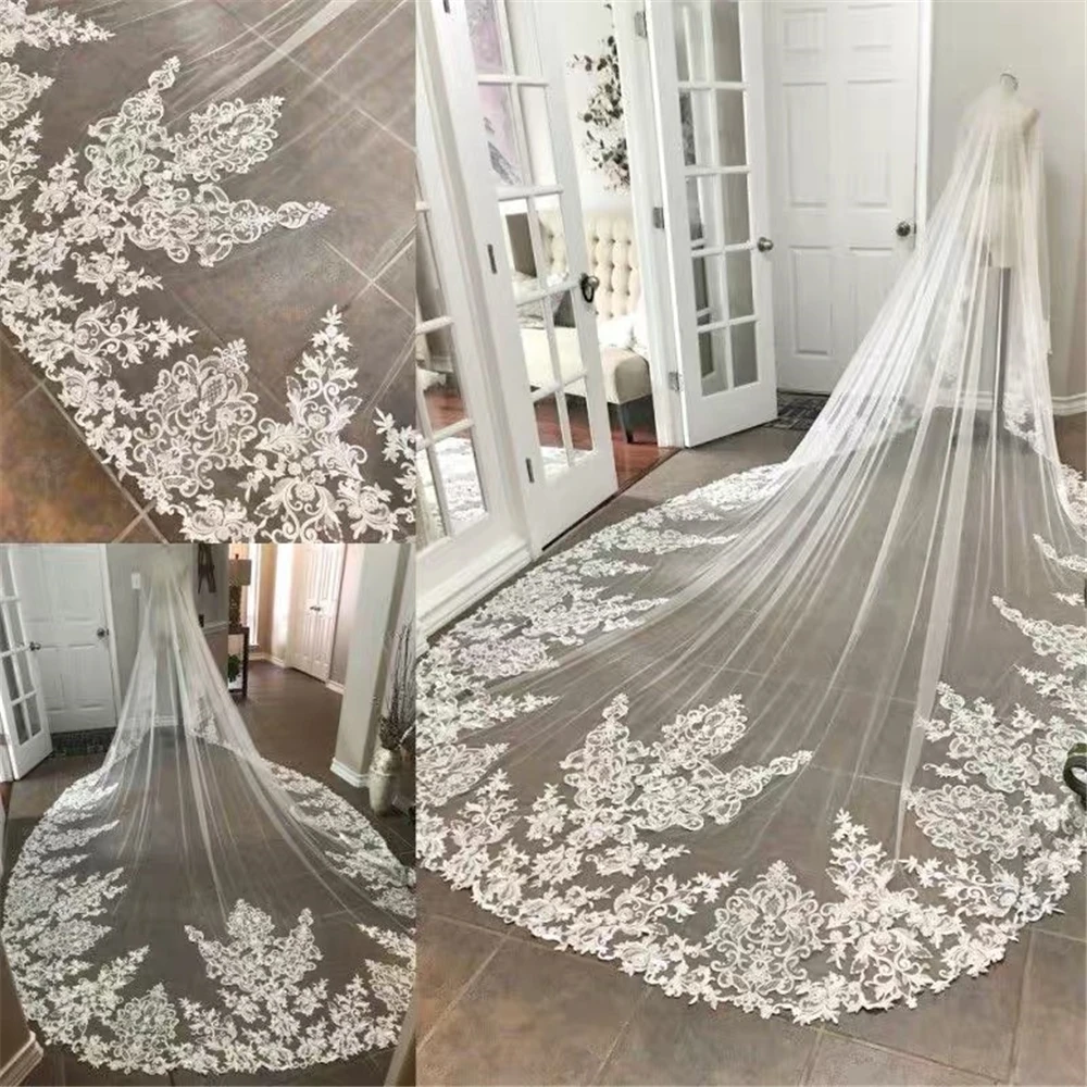 

Bridal Veils Cathedral Long Appliques Lace Edge 2-Layer Wedding with Comb Vestido De Noiva Longo Ivory Bride Accessories