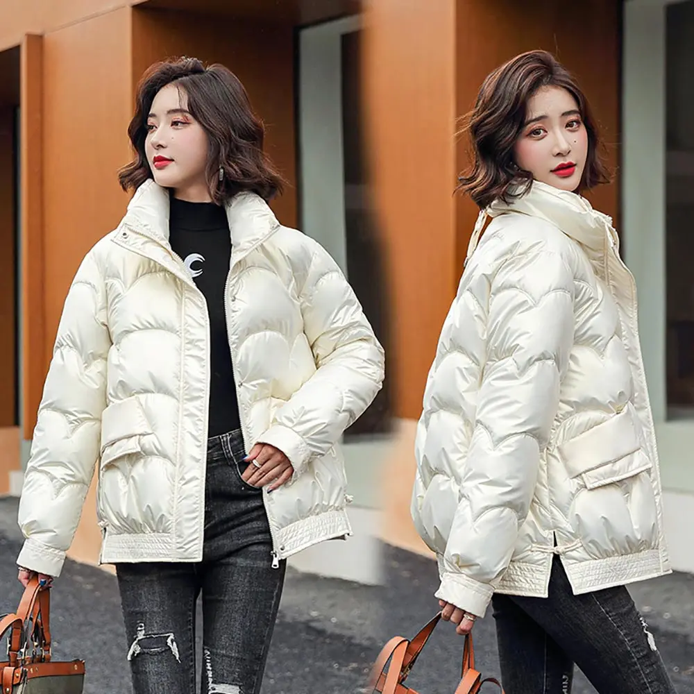 Vielleicht Fashion Winter Jacket Thick Warm Short Parkas Women Winter Coat Elegant Shinny Cotton Stand Collar Jackets Female