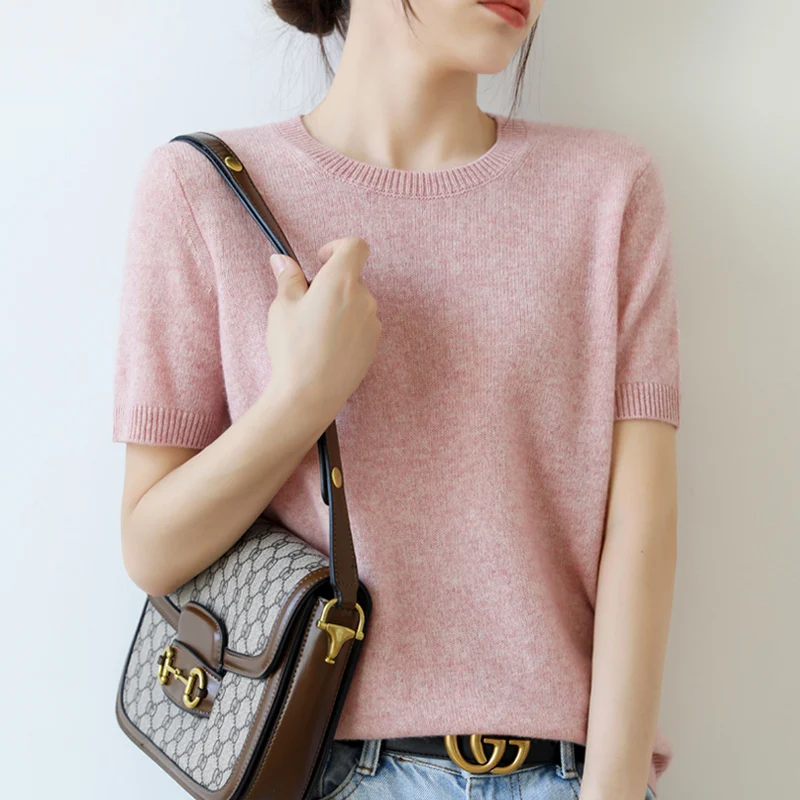 Summer Women\'s Cashmere Sweater O-Neck short sleeve Knitted Knitted short sleeve Solid Casual short sleeve